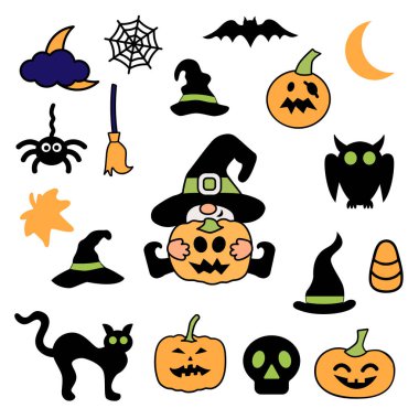 Cadılar Bayramı cücesi, Cadılar Bayramı balkabaklı bebek cadı ve beyaz arka planda cadılık tasarımı elementleri. Vektör illüstrasyonu.