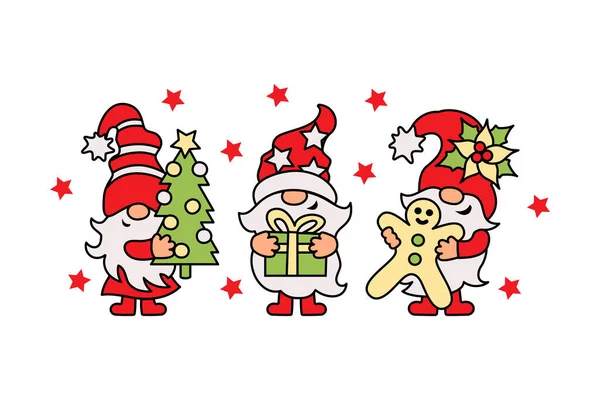 Três Gnomos Natal Com Árvore Natal Caixa Presente Homem Gengibre —  Vetores de Stock