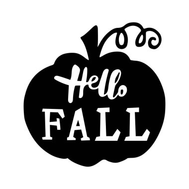 Beyaz arka planda Hello Fall ve Balkabağı el yazısıyla yazılmış harfler. Vektör illüstrasyonu.