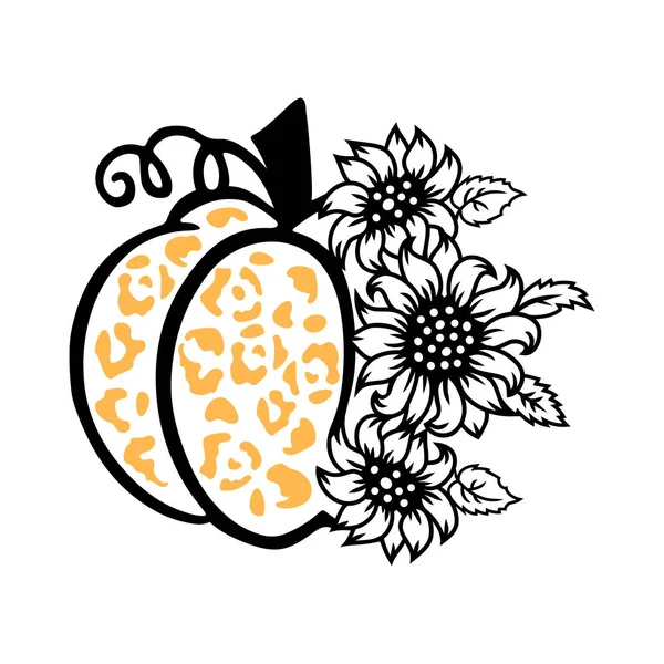 Zucca Con Girasoli Stampa Leopardo Sfondo Bianco Illustrazione Vettoriale — Vettoriale Stock