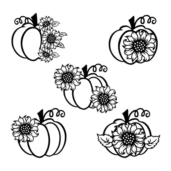 Pompoenen Met Zonnebloemen Zijn Witte Achtergrond Vectorillustratieset — Stockvector