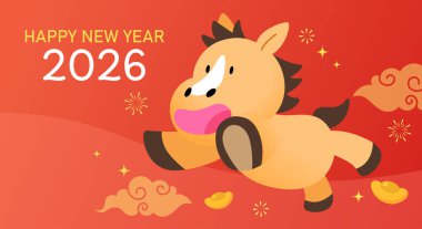 Yeni yılın kutlu olsun at 2026 selamlama stili. Çizgi film stili şirin zodyak atı. Altın sicee külçeleri süslemeleri..