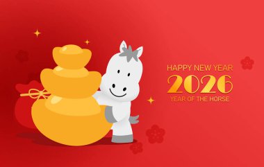 Altın külçeli şirin bir zodyak atı var. At 2026 'nın Çin yeni yılı vektör kartı illüstrasyonları çizgi film tarzında.