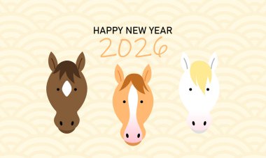 Çizgi film tarzında bir grup zodyak atı. Yeni yılın kutlu olsun at 2026 tebrik kartı illüstrasyonunda at kafaları.