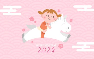 Atın 2026 yılının mutlu Çin yılbaşı kartı ve ata binen tatlı bir kız çocuğu. Çizgi film stili vektör illüstrasyonunda çocuklu Zodiac atı.