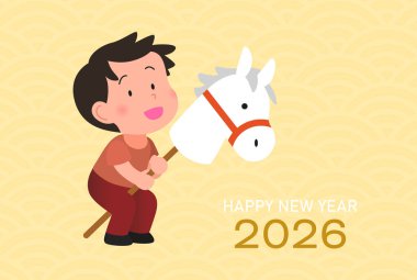 At 2026 tebrik kartı için hobi oyuncağı olan bir çocuk. Yeni yılın kutlu olsun at 2026 vektör illüstrasyonu. Ay Yeni Yılı 2026 Kutlaması.