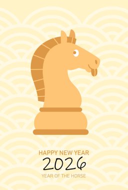 At tebrik kartı yılında, satranç taşı illüstrasyonlu. Çizgi film tarzında sevimli bir at profili başı..