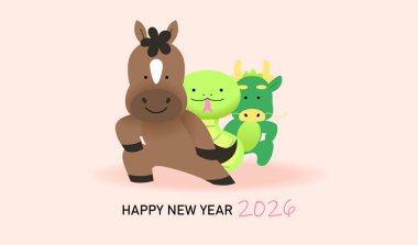 At, yılan ve ejderhalı Zodiac hayvanları. Yeni yılın kutlu olsun at 2026 tebrik kartı illüstrasyonu..