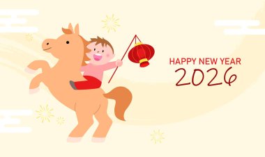 Zodyak ata binen ve elinde Çin feneri tutan bir çocuk. Mutlu Çin Yeni Yılı 2026 tebrik kartı.