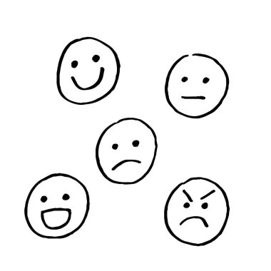 Elle çizilmiş gülen surat karalamaları. Mutlu, üzgün ve kızgın yüz karalamaları.