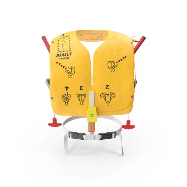 Uçak yolcularının güvenliği için kullanılan sarı çift hücreli can yeleği.