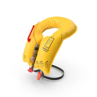 Uçak yolcularının güvenliği için kullanılan sarı çift hücreli can yeleği.