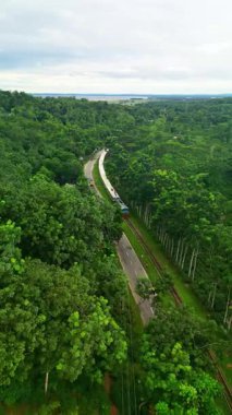 Sylhet Bangladeş 'teki yemyeşil çay bahçelerinin ve kırsal yolun hava aracı manzarası tepeler, orman ve demiryolu manzarasıyla çevrili.