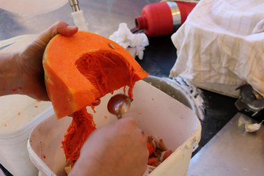 Erkek ellerinin önlük giydiği yakın plan bir sokak yemekhanesinde çorba için kabak soyarken ve keserken.