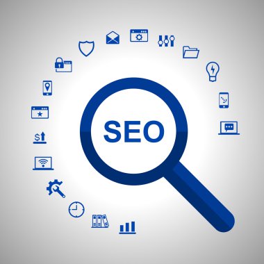 SEO kavramı illüstrasyon Büyüteç ve web simgeler