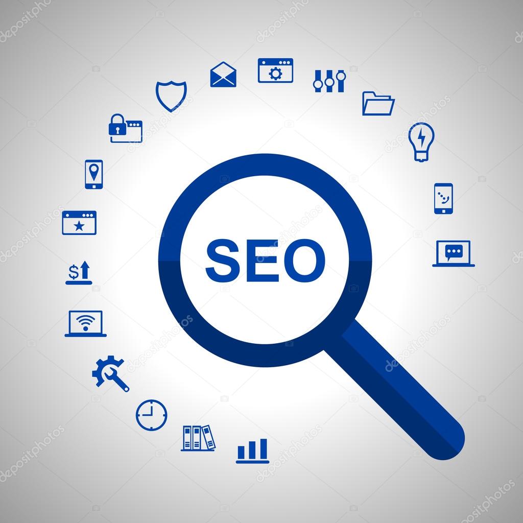 SEO concept illustration with magnifying glass and web icons