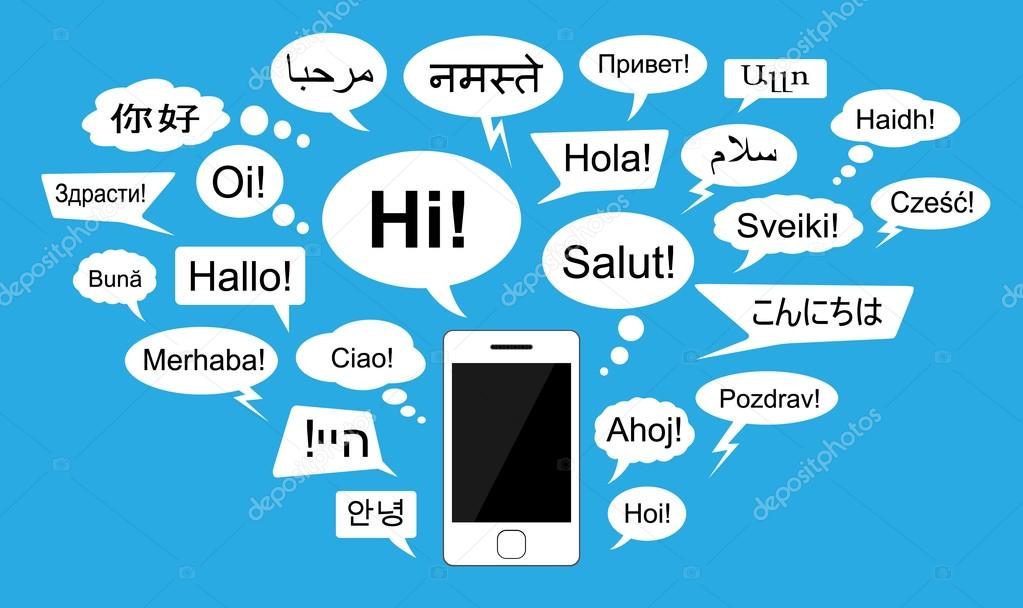 Greeting words in 24 languages with chat bubbles