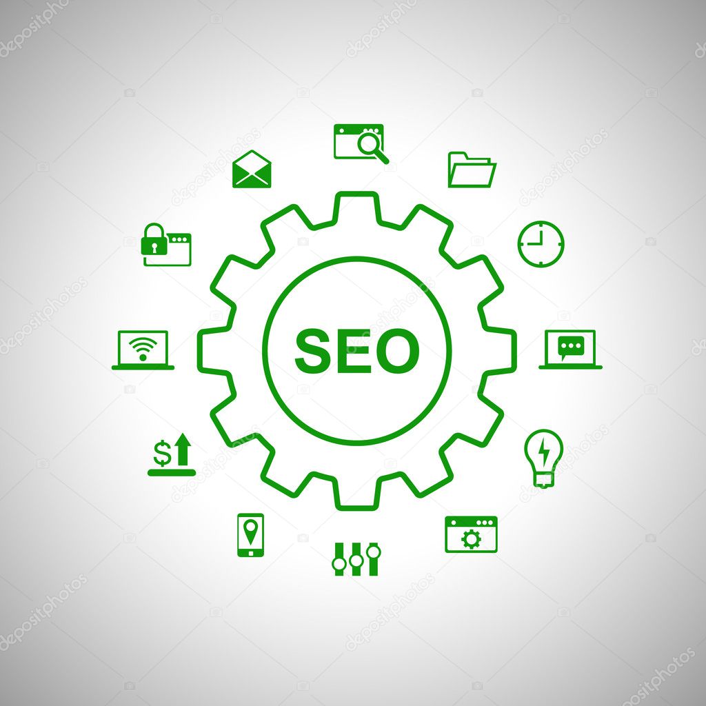 SEO web development concept with gear and media icons