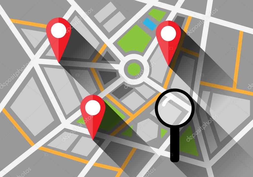 City map with red pin and magnifying glass flat design