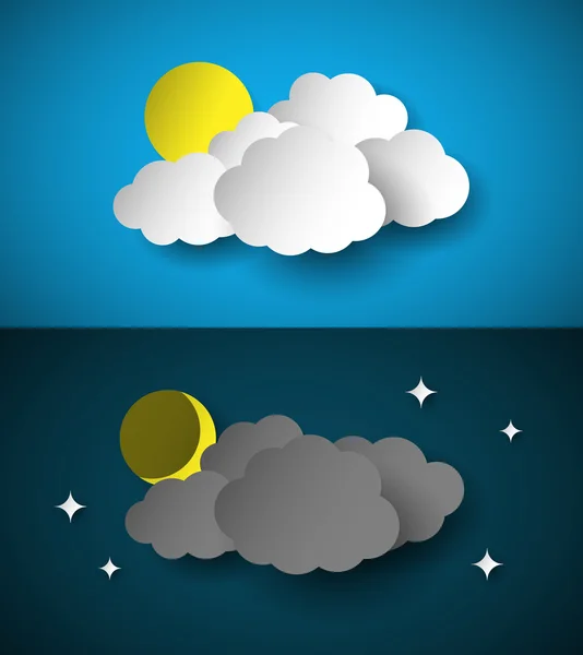 Dia e noite, papel corte estilo ilustração com nuvens, céu, sol e lua —  Vetores de Stock