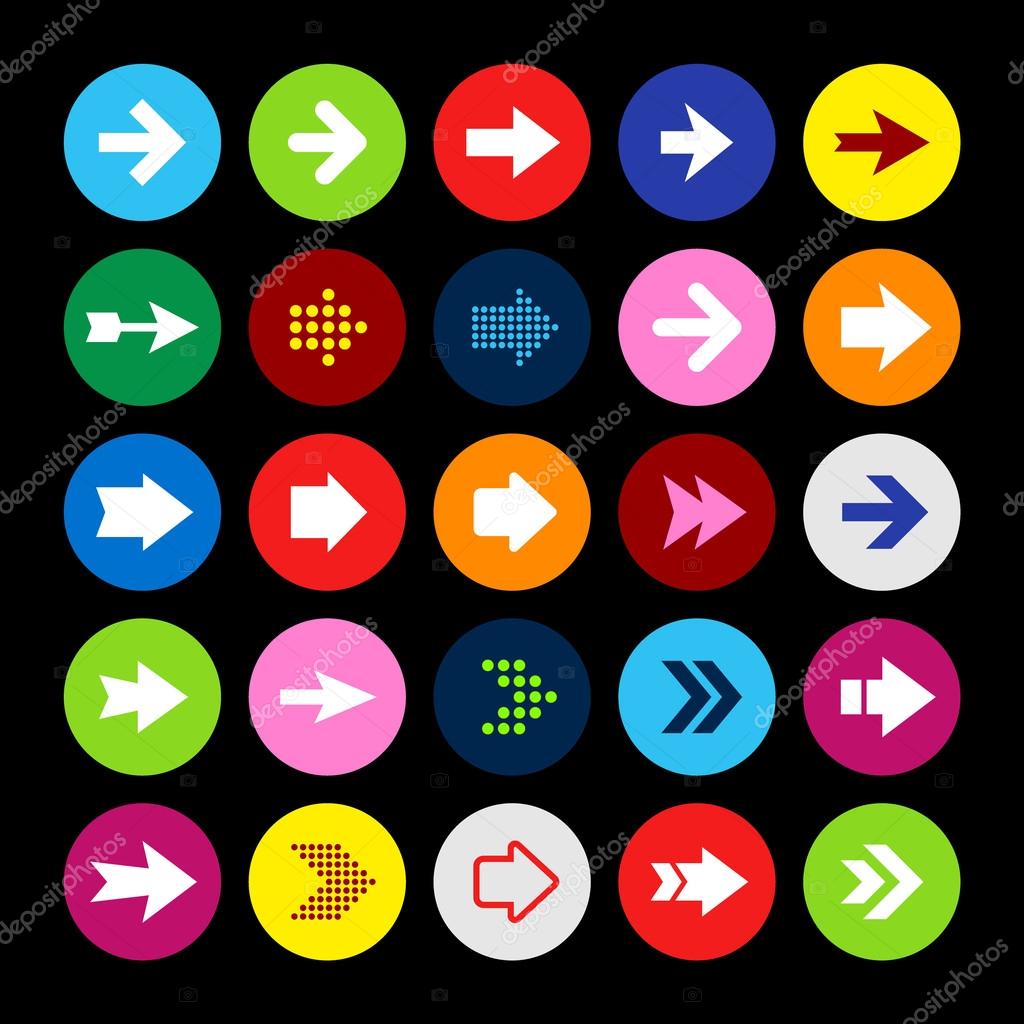 Arrow Icon set, arrows in circle shaped buttons on black background