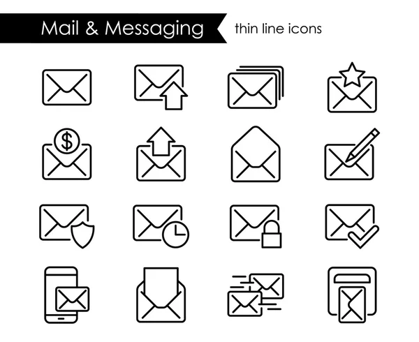 Ícones de linha fina de correio, conjunto de símbolos de contorno preto —  Vetores de Stock