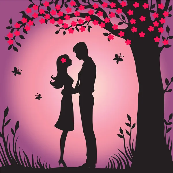 Illustration black silhouette of lovers embracing on a white background flower viewing spring sakura — Stock Photo, Image