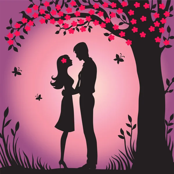 Illustration schwarze Silhouette von Liebenden umarmen auf weißem Hintergrund Blume Anzeige Frühling Sakura — Stockfoto