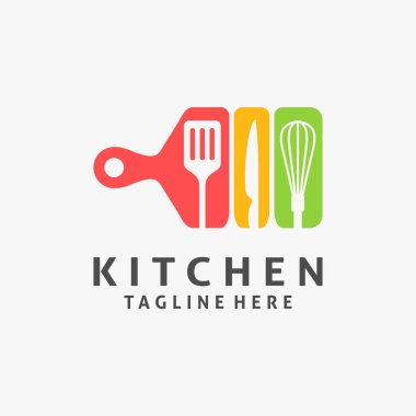 Mutfak logosu tasarımı için tahta kesme ve pişirme aletleri