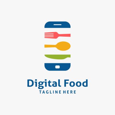 Dijital gıda logosu tasarımı için çatal bıçak ve akıllı telefon