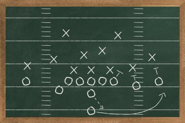 Amerikan futbol topu oyun planlı karatahtanın yanında