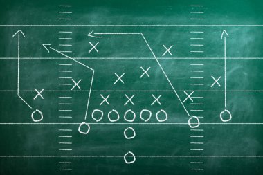 Amerikan futbol topu oyun planlı karatahtanın yanında