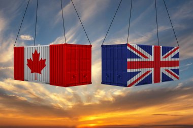Birleşik Krallık ve Kanada bayraklı kargo konteynerleri - 3D illüstrasyon