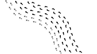 Farklı insan ayak izleri. Büyük bir ikon seti. Ayak izi, ayak izi ikonu koleksiyonu. İnsan ayak izleri silueti. Erkek ve kadın izleri. Yalınayak, spor ayakkabı ve ayak izi simgeleri. Vektör illüstrasyonu