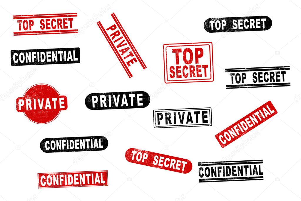 Top secret and disclaimer stamp collection. Set of rubber stamp labels including Top Secret, Disclaimer, Private, and more. Designed in red and black with distressed textures