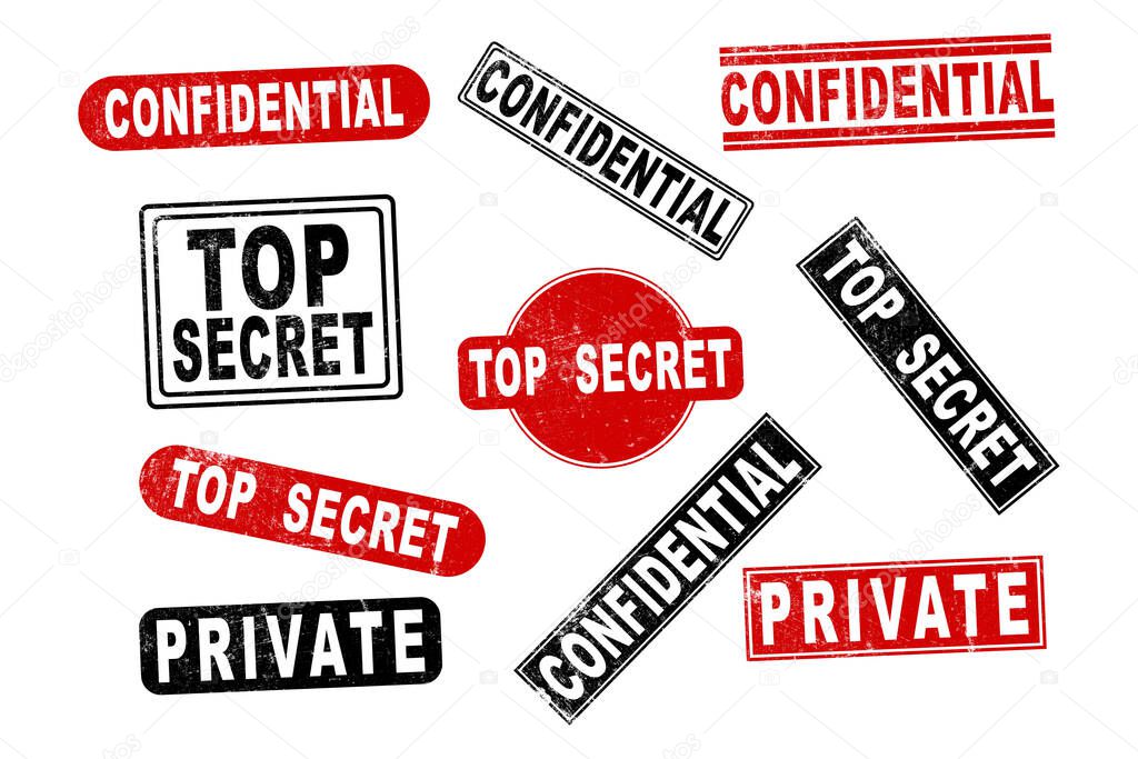 Top secret and disclaimer stamp collection. Set of rubber stamp labels including Top Secret, Disclaimer, Private, and more. Designed in red and black with distressed textures