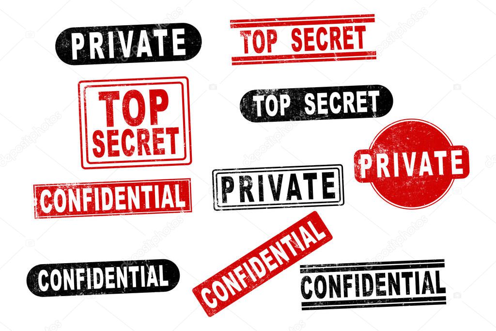 Top secret and disclaimer stamp collection. Set of rubber stamp labels including Top Secret, Disclaimer, Private, and more. Designed in red and black with distressed textures