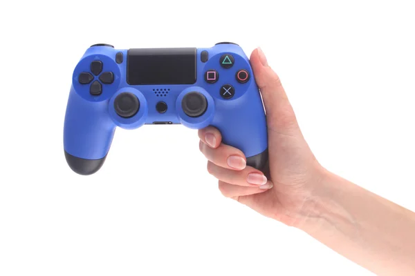 Blue game controller in hand horizontal — Stock Photo, Image