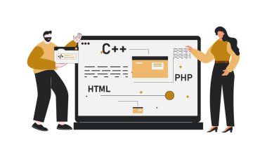 Programcı kodlama satırını açıklıyor, insanlar kod geliştiricisini tartışıyor.