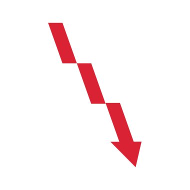 Grafik kırmızı ok vektörüyle aşağı iniyor. Aşağıya doğru hareket eden ok ve satış çubuğu çizelgesi olan çubuk grafik simgesi simgesi.