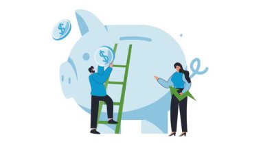 Gelecek için para yatırımı biriktiriyorum. Adam portföyü çeşitlendirmek için iki kumbara içine bozuk para koyuyor. Emekli maaşı için tasarruf, muhasebe çeşitliliği. Tasarruf, yatırım çeşitlilik kavramı