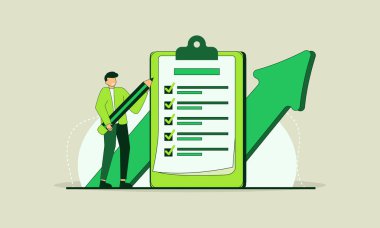 Pano kontrol listesinin yanında, genellikle proje yönetimi, hedef izleme veya iş verimliliği gibi kavramları temsil etmek için kullanılan büyük bir kalem tutan bir kişinin resmi.