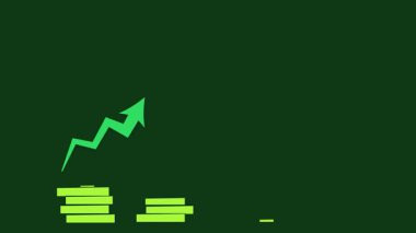 2d animasyon, kar veya kazançta artış gösteren grafikler gösteriyor. Bir yığın bozuk para ve kağıt para. Yeşil arkaplanda.