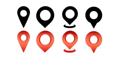 Basit harita iğnesi. Harita işaretleyici simgesi seti. Modern harita işaretleyicileri. Konum kodu. Harita yeri işaretleyicisi. Konum simgesi. Düz biçim simgesi çizimi