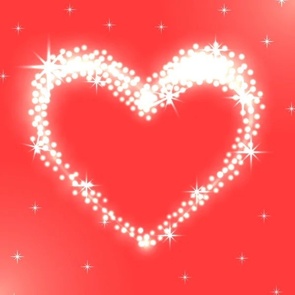 Brilliant heart of glowing white lights on red background. — Stock Vector