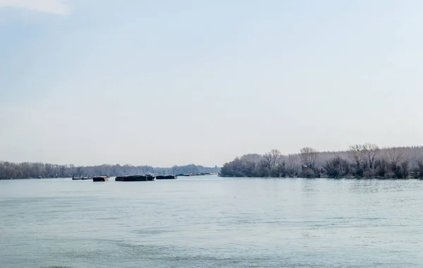 Novi Sad, Serbia - March 05. 2021: Tankers anchored on the Danube river near Novi Sad.
