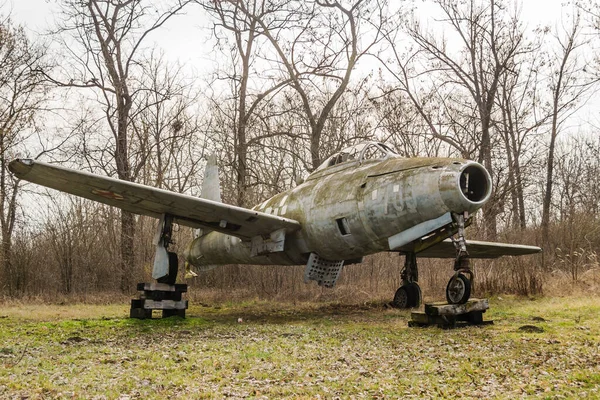 Novi Sad, Serbia - March 05. 2021: Retro aircraft of the SFR Yugoslavia Air Force - Republic F-84G Thunderjet - Yugoslavia - Air Force, in front of the Aero Club Novi Sad, Serbia.