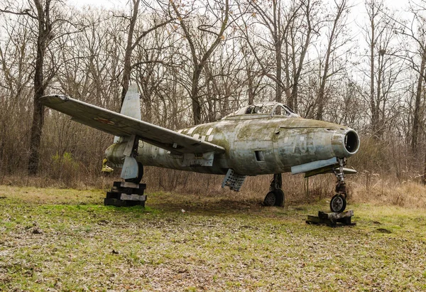 Novi Sad, Serbia - March 05. 2021: Retro aircraft of the SFR Yugoslavia Air Force - Republic F-84G Thunderjet - Yugoslavia - Air Force, in front of the Aero Club Novi Sad, Serbia.