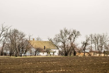 Baharda çiftçinin eviyle birlikte ekilebilir arazi manzarası.