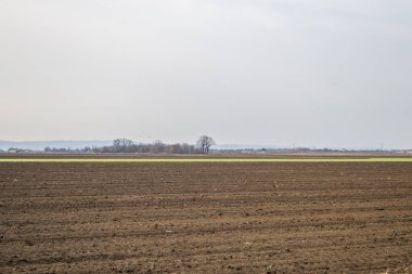 Baharda çiftçinin eviyle birlikte ekilebilir arazi manzarası.